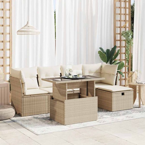 vidaXL 6-tlg. Garten-Sofagarnitur mit Kissen Beige Poly Rattan 3327768
