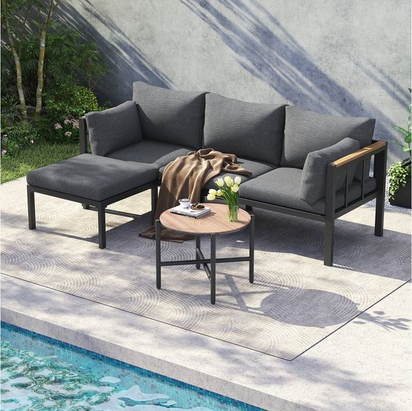 Merax Gartenlounge-Set aus verzinktem Stahl und Glastischplatte, (3-tlg, Sitzgruppe Essgruppe Balkonmöbel Terrassenmöbel), 4-Sitzer Gartenmöbel-Set mit 3-Sitzer-Sofa, Hocker & Couchtisch