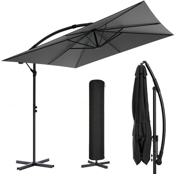 Huracan Sonnenschirm LED Solar Ø 250/300/350cm Ampelschirm mit Kurbel, Ständer, Gartenschirm Balkonschirm UV-Schutz Aluminium wasserdicht 360°neigbar