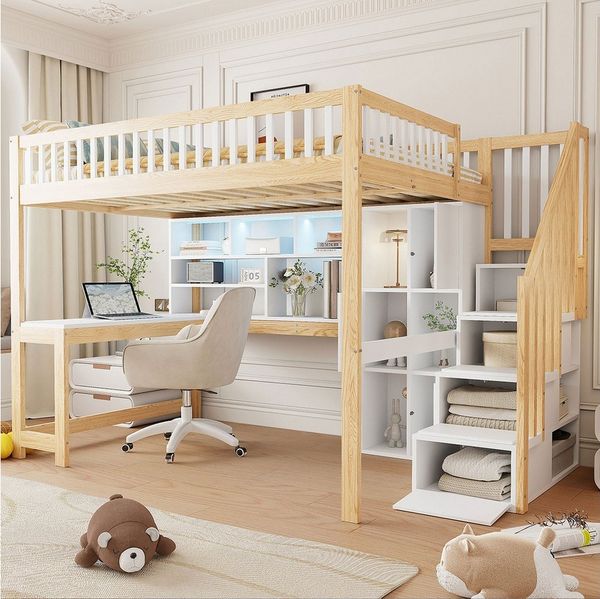 Flieks Hochbett Kinderbett 140x200cm mit Ambientelicht, Ablagefächer und Schreibtisch