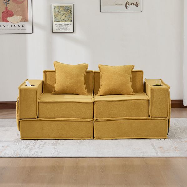 2-Sitzer Sofa 162 x 78 x 66 cm mit 2 Kissen und Seitentaschen – Chenille in Senfgelb