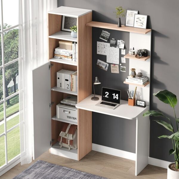 Flieks Regal-Schreibtisch Computertisch mit Hochschrank und Ablagen (123,5x45x168,5 cm, 1-St), Arbeitstisch mit Ablagen und 5 Fächern Bürorisch Holzoptik Weiß&Natur