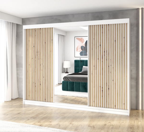 A&J MöbelLand Schwebetürenschrank FARA 200 cm, mit 4 Schubladen, Spiegel, 3D Lamellen