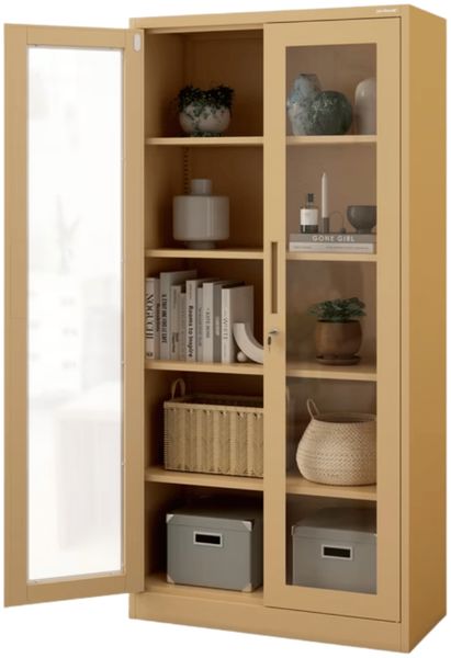 Vitrinenschrank abschließbar AMELIA - Glastüren, 5 Ebenen | Büroschrank aus Stahl Aktenschrank mit Glasfenster Metallschrank Mehrzweckschrank, 185x90x40cm Beige