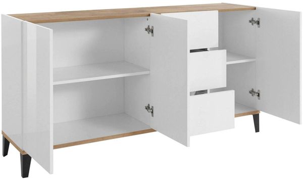 Dmora Kommode Abic, Küchen-Sideboard mit 3 Türen und 3 Schubladen, Wohnzimmer-Buffet, 100 % Made in Italy, 160 x 40 x 82 cm, glänzendes Weiß und Ahorn, Bild 5