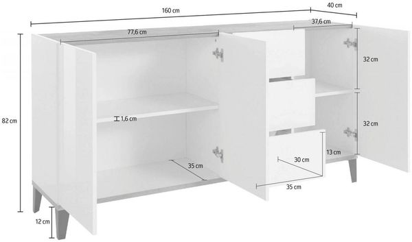 Dmora Kommode Abic, Küchen-Sideboard mit 3 Türen und 3 Schubladen, Wohnzimmer-Buffet, 100 % Made in Italy, 160 x 40 x 82 cm, glänzendes Weiß und Ahorn, Bild 3