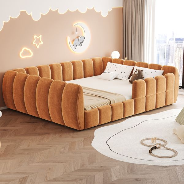 Merax Kinderbett, 140 x 200 cm Jugendbett, Doppelbett, Gepolstertes Kinder-Bodenbett, Samtbezug, komplett geschlossenes Design, abgerundete Ecken, Orange(Ohne Matratze)