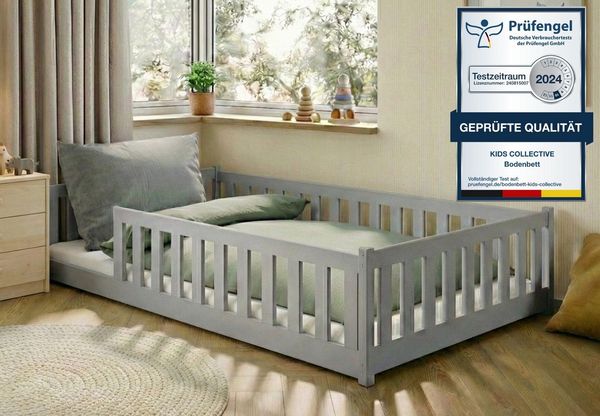 Kids Collective Kinderbett Bodenbett Bett mit Rausfallschutz & Lattenrost Montessori Bett Kinder (Jungen, Mädchen, Kinder, weitere Größen 80x160, 80x180, 90x190, 90x200, 140x200 cm), Jugendbett Gitterbett Einzelbett mit Matratze, Aschgrau 120x200 cm