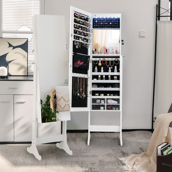 Neigungsverstellbarer Schmuckschrank mit ganzkörperspiegel & LED-Leuchten Weiß