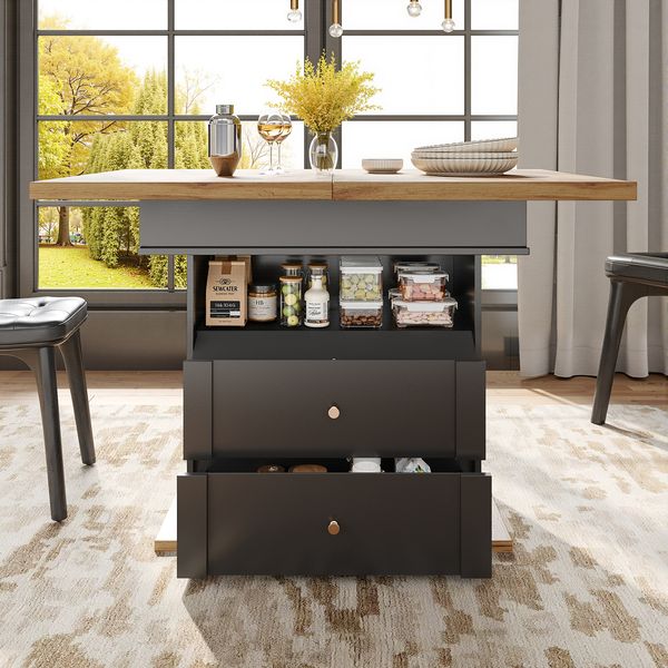 Esstisch 110-140 x 80 x 75 cm, ausziehbar, MDF in Schwarz/Natural mit Stauraum und Soft-Close-Klapptür