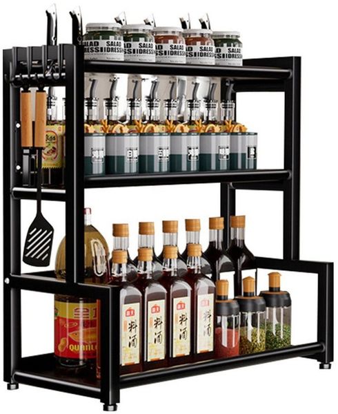 PFCTART Gewürzregal Gewürzregal Organizer 3 Etagen 6 Haken, rostfreier Metallrahmen, Set 1-tlg, Pulverbeschichtet, rutschfeste Gummifüße, werkzeugfrei, Küchenregal