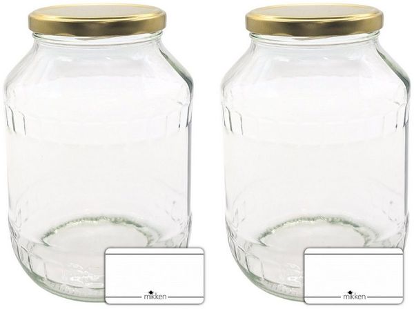 mikken Vorratsglas 2 große Einmachgläser 1700 ml, (Spar-Set, 2er Set Einkochgläser), mit Twist-Off Deckel TO89 und 2 Etiketten zum Beschriften