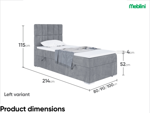 MEBLINI Boxspringbett LUKAS 80x200 cm mit Bettkasten - H3/Grau Samt Gepolstert Einzelbett mit Topper & Taschenfederkern-Matratze - 80x200 Links Bild 7
