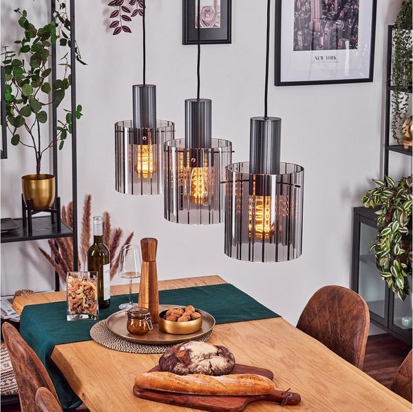 hofstein Hängeleuchte Hängelampe aus Metall/Glas in Anthrazit/Rauchfarben, ohne Leuchtmittel, verstellbare Pendelleuchte im Vintage/Retro-Design (18 cm), 3 x E27