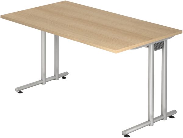 bümö Schreibtisch N-Serie 140x80 cm, Tischplatte aus Holz in Eiche, Gestell aus Metall in Silber - PC Tisch, Computertisch für's Büro, Office Bürotisch, NS-14-E-S