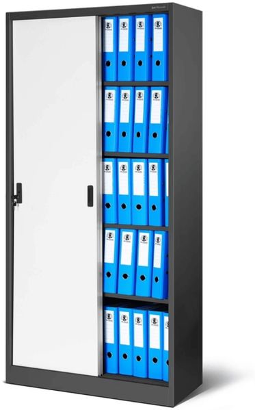 Aktenschrank abschließbar KUBA - Schiebetüren, 5 Ebenen | Büroschrank aus Stahl Metallschrank Werkstatt Mehrzweckschrank Werkzeugschrank, 185x90x40cm Anthrazit-Weiß