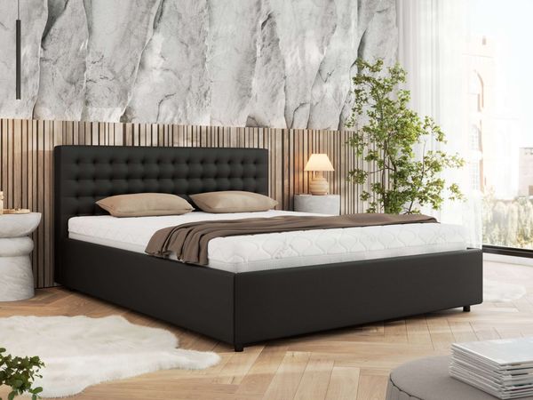 Polsterbett mit Holzlattenrost Doppelbett PAVO CLASSIC, hohe Kopfteil, Bettkasten mit Gasdruckfeder Pocket Matratze - 140 x 200 cm - Schwarz Kunstleder - VIRE LUX