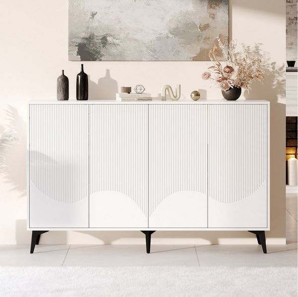 BlingBin Sideboard Highboard mit Verstellbaren Einlegeböden, 4 Türen, 160*35*100 cm (1er Set, 1 St, Gewichtskapazität: 10-50 KG), Multifunktionales Sideboard, Kommode, Metallbeine, Weiß