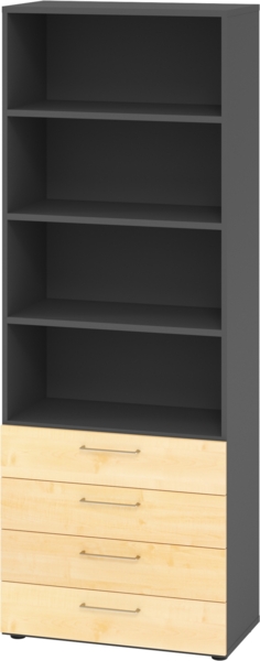 bümö smart Schubladenschrank, Büroschrank 80cm breit in Graphit/Ahorn mit 4 Schüben & 4 Regalfächern - Bürocontainer aus Holz, Container mit Metallgriffen & Soft-Stop Schubladen, 968S4-G-3-BS