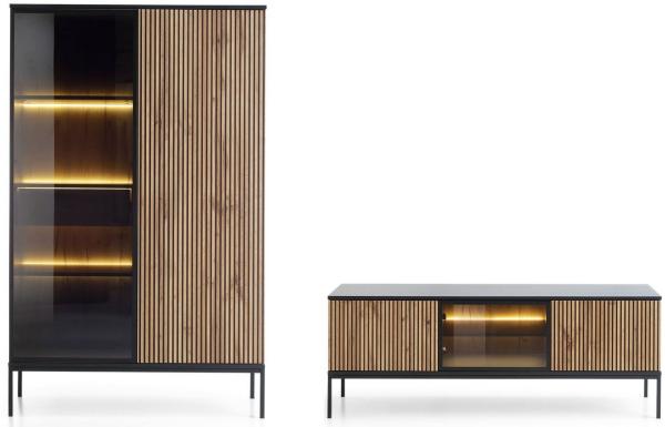 Wohnzimmer-Set Wohnwand Sento 2-teilig schwarz Wotan Eiche MDF