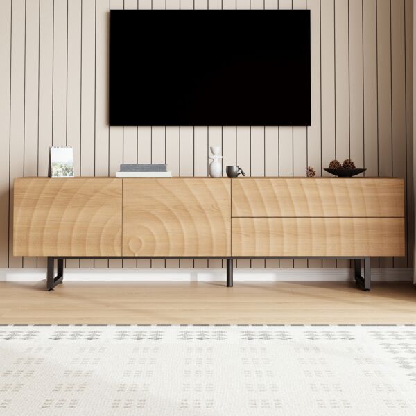 TV-Schrank in Holzoptik mit Wellenfront & Kabeldurchführungen, 180x38x51,5 cm, Natur