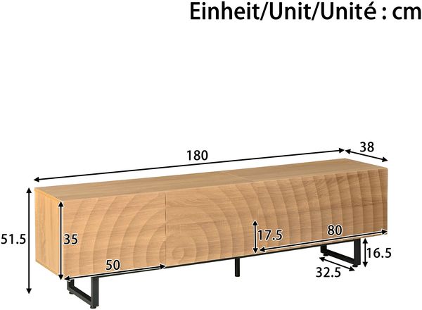 TV-Schrank in Holzoptik mit Wellenfront & Kabeldurchführungen, 180x38x51,5 cm, Natur Bild 10
