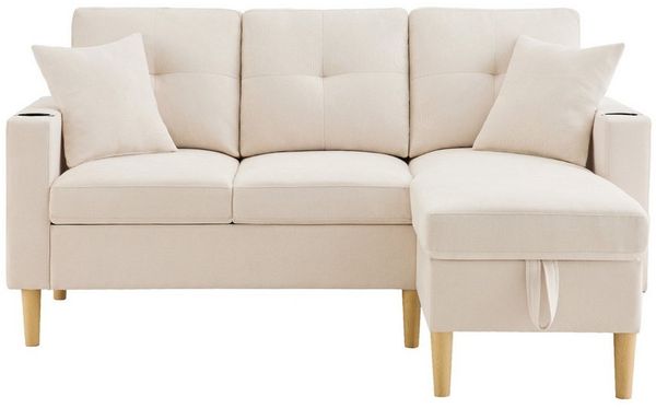 KLAM HOME Sofa L-förmiges modernes Sofa, 3-Sitzer-Sofa mit Chaiselongue, Stauraum, integriertem Getränkehalter, wird mit 2 Kissen geliefert, geeignet für Wohnzimmer, Büro, Wohnung usw, Video verfügbar