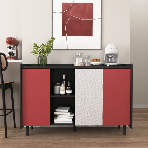 Sideboard Buffetschrank schwarz mit roten Türen 2 Schubladen 120x40x80 cm