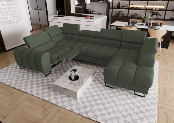 Wohnlandschaft Schlafsofa BASTIEN RELAX in Stoff Gemma Dunkelgrün Ottomane Rechts