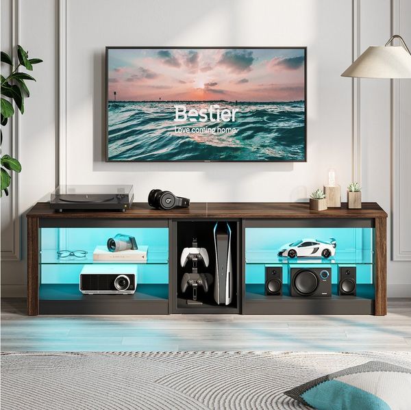 Bestier Lowboard TV-Schrank, Fernsehschrank mit RGB-LED, 160cm TV-Board (Gaming-TV-Konsolen mit Glasregalen), für Wohnzimmer 70“ TV, PS5