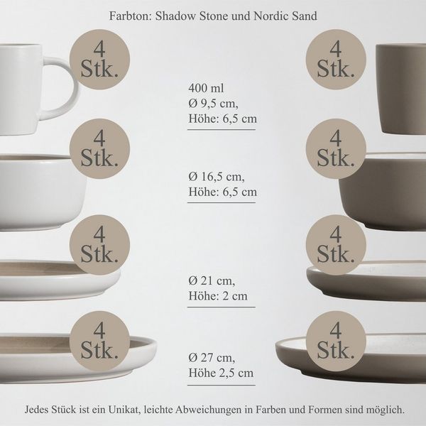 Hausfelder Geschirr-Set Steingut Geschirrset 8 Personen 32teilig Mix, Shadow Stone/Nordic Sand (32-tlg), 8 Personen, Steinzeug, spülmaschinen- & mikrowellengeeignet, Reaktivglasur