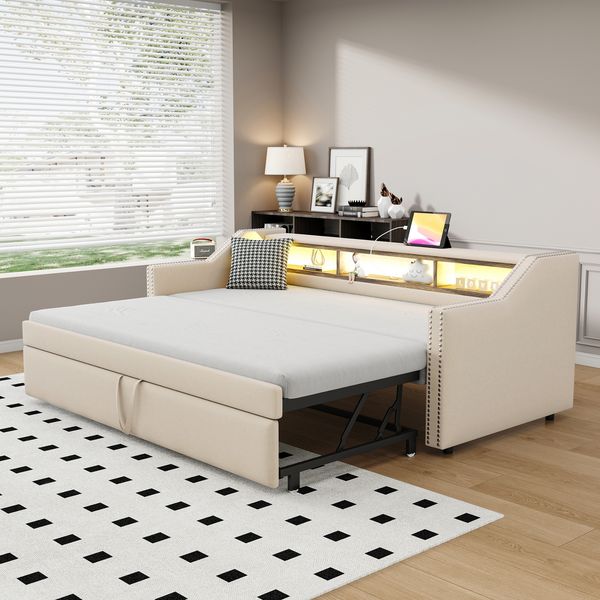 Schlafsofa aus Leinenstoff, ausziehbar mit USB-Anschluss & LED, 90/180x190 cm, Beige, ohne Matratze