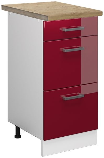 Küchenunterschrank R-Line Rot Hochglanz 40 cm mit Schubladen, AP Eiche Vicco
