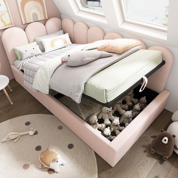 Odikalo Stauraumbett Kinderbett Polsterbett Tagesbett Schlafsofa Samt 90x190/200 Beige/Rosa