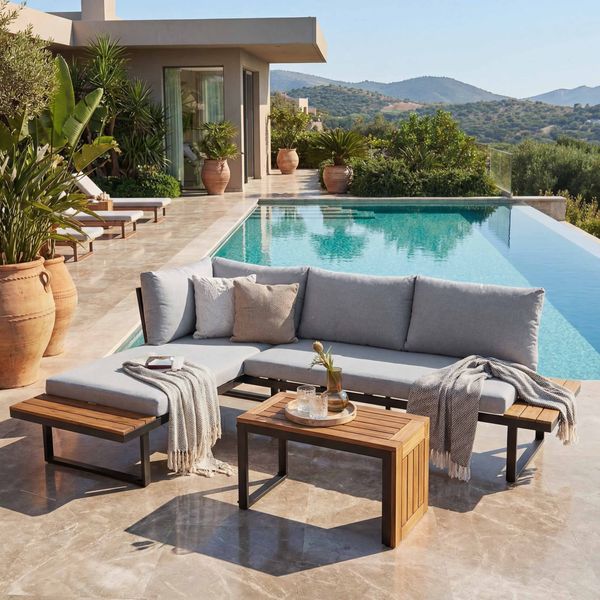 Garten Garnitur HWC-L27, Garnitur Sitzgruppe Lounge-Set Sofa, Spun Poly Alu Akazie Holz MVG-zertifiziert ~ hellgrau