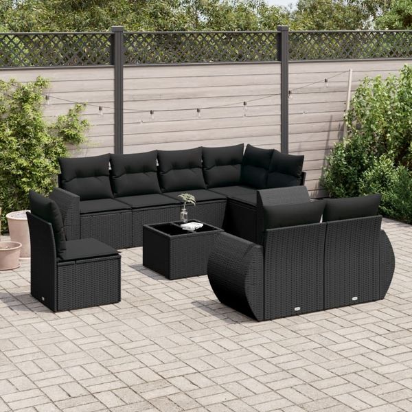vidaXL 9-tlg. Garten-Sofagarnitur mit Kissen Schwarz Poly Rattan 3221644