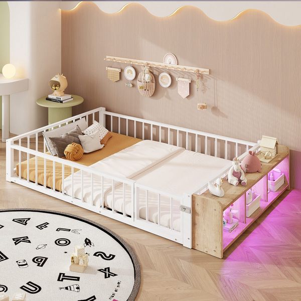 Kinderbett mit LED-Streifen, Regal, Zaun, Lattenrost und Tür, 140x200 cm, Einzelbett mit Rausfallschutz, Metallbett