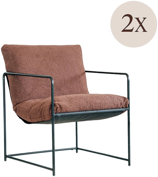 Dmora Satz mit 2 Sesseln Appare, Sessel mit Bouclé-Stoff bezogen, gepolsterter Stuhl, Sitz mit Metallarmlehnen, 61x67h75 cm, Braun