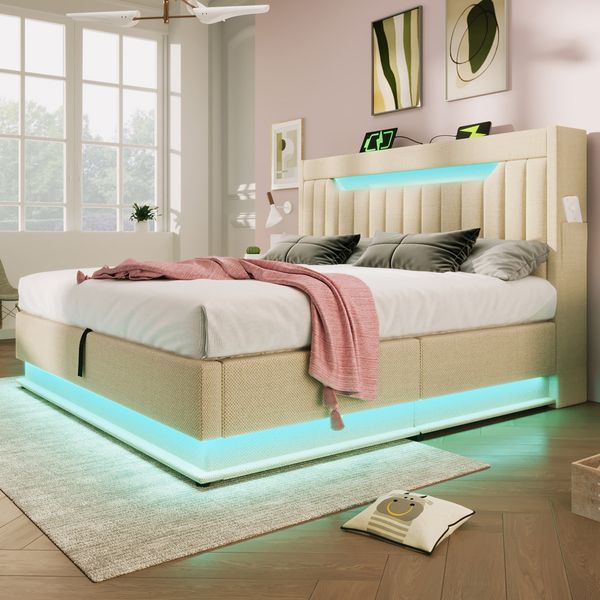 Polsterbett 180×200 cm aus Leinen-Stoff mit LED-Beleuchtung und USB-Typ-C-Anschluss, beige