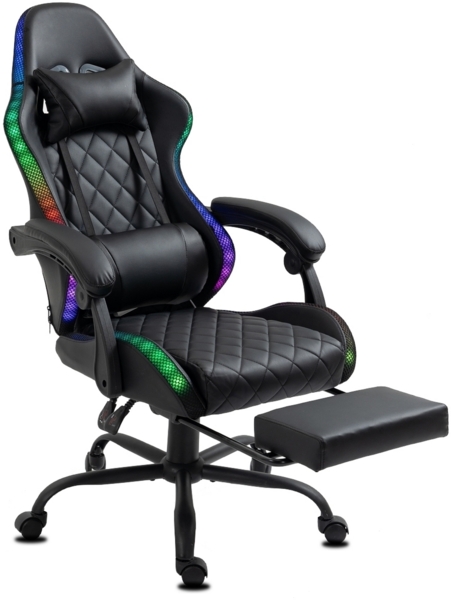 Delman Ergonomischer Gaming Stuhl RGB Beleuchtung Gamer Sessel Kunstleder Gamingsessel Gaming Chair Metallfußkreuz Fußstütze 02-0055 Schwarz Bild 6