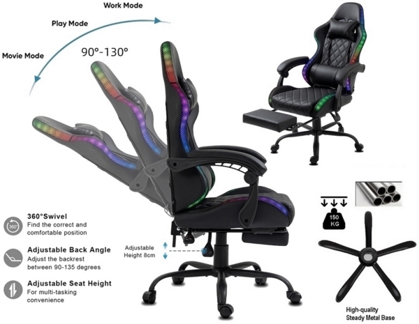 Delman Ergonomischer Gaming Stuhl RGB Beleuchtung Gamer Sessel Kunstleder Gamingsessel Gaming Chair Metallfußkreuz Fußstütze 02-0055 Schwarz Bild 2