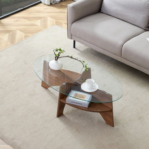 STILVORA Couchtisch Ovaler Kaffeetisch aus Sicherheitsglas mit integrierter Ablagefunktion (Kaffeetisch aus Sicherheitsglas, multifunktionales Design, Fächerförmiges Gestell. Tischbeine aus MDF mit schwarzer Holzoptik), für Esszimmer,Büro
