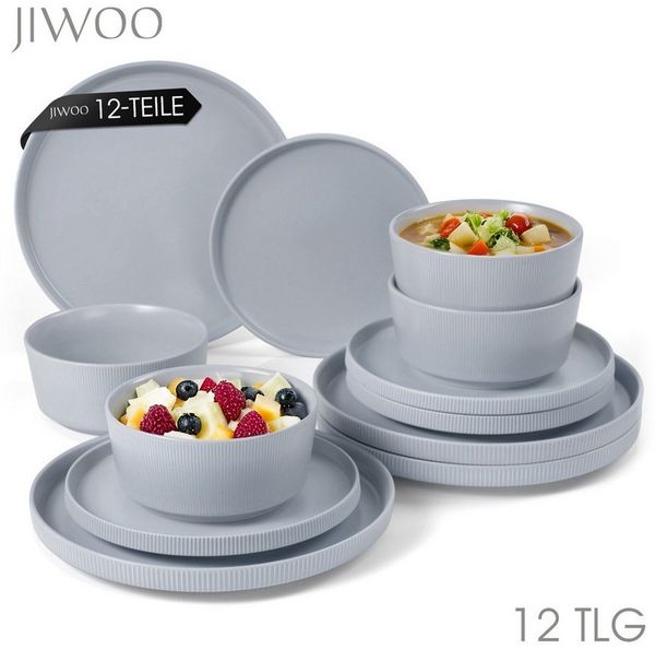 JIWOO Geschirr-Set 12tlg Kombiservice Teller-Set Tafelservice Schüssel-Set Speiseteller (12-tlg), 4 Personen, Keramik, Hochwertiges Geschirr set Grau Mikrowellen spülmaschinenfest