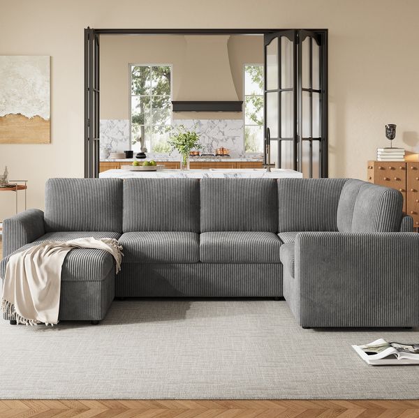 Ecksofa aus Cord mit Stauraumhocker, Schlaffunktion, 282 x 153 x 85 cm, Grau