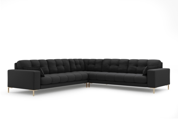 Micadoni Symmetrisches Ecksofa Mamaia 6-Sitzer Strukturierter Stoff Neve Dunkelgrau goldene Beine