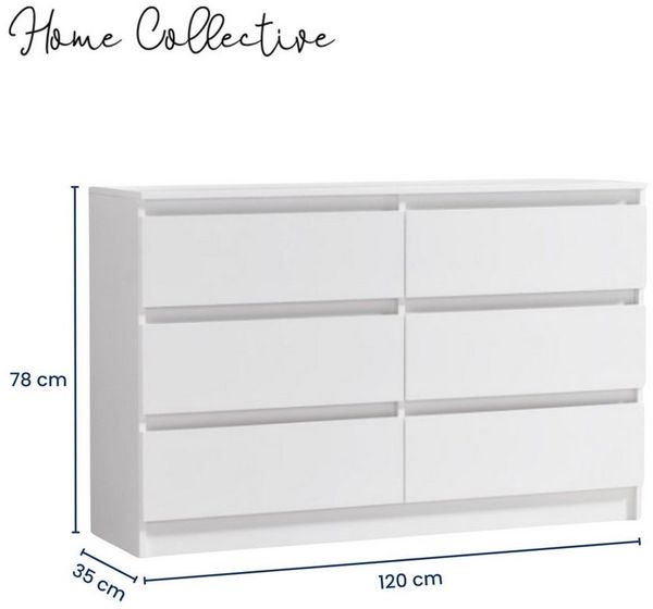 Home Collective Kommode mit 6 Schubladen 95, 120, 140 cm breit Holz Schrank (Highboard Anrichte Schlafzimmer Wohnzimmer Flur Büro Organizer), Kommode 95 cm breit Kommode Sideboard, Weiß