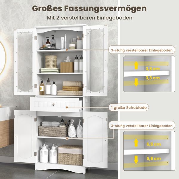 Badezimmerschrank freistehender Hochschrank mit 4 Türen & Schublade Weiß 60 x 30 x 160 cm