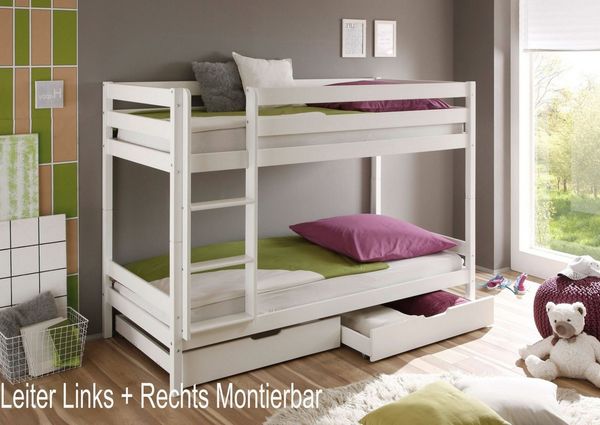 Homeline Etagenbett Kevin Etagenbett Kinderbett Weiss Hochbett Teilbar Massiv 90x200 cm