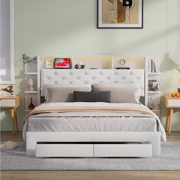 ADWOLT Stauraumbett Weiß Polsterbett Doppelbett mit 2 Schubladen (Set, 1-tlg, Kopfteil mit LED-Beleuchtung und Staufächer), Funktionsbett Bettgestell, Samtstoff, Ohne Matratze, 140x200cm