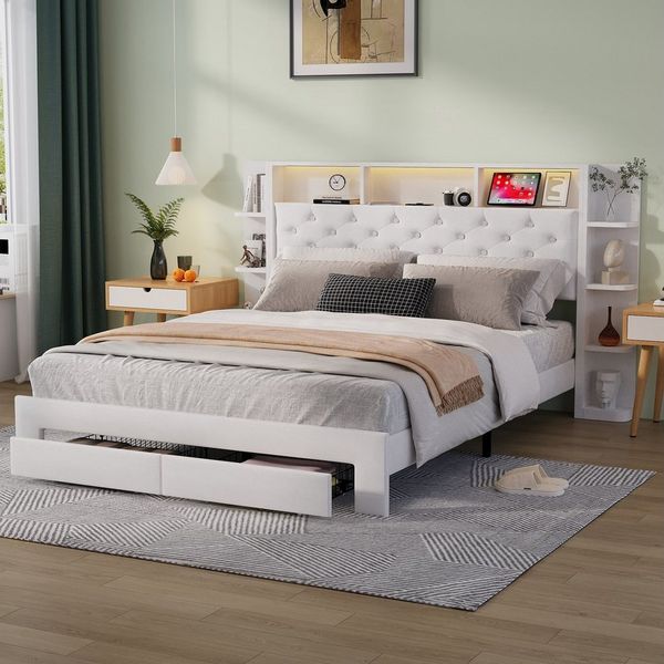 ADWOLT Stauraumbett Weiß Polsterbett Doppelbett mit 2 Schubladen (Set, 1-tlg, Kopfteil mit LED-Beleuchtung und Staufächer), Funktionsbett Bettgestell, Samtstoff, Ohne Matratze, 140x200cm